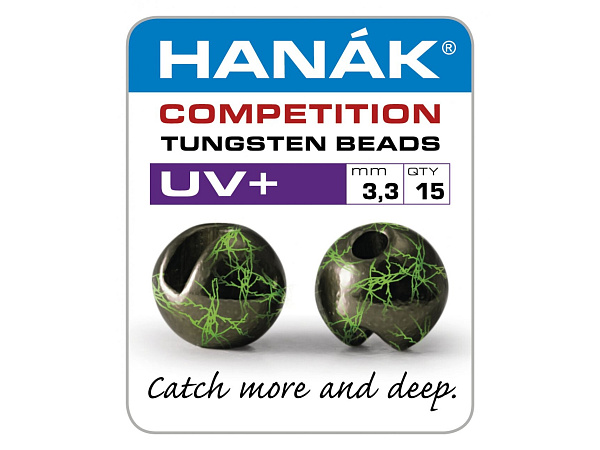HANÁK - Wolframové hlavičky UV+ černá & chartreuse 3,3mm - 15ks