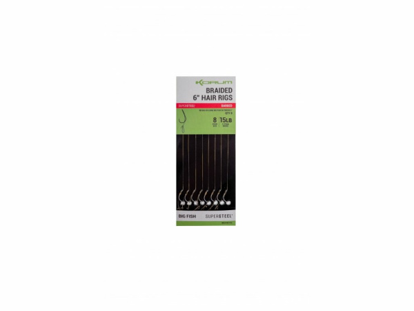 KORUM - Návazec Big Fish Braided 6” Hair Rigs Barbed bal.8ks 15cm 15lb braid