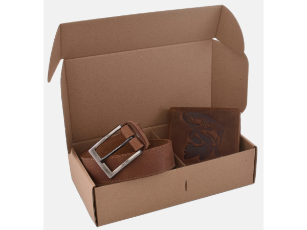 MERCUCIO - Set kožený opasek a kožená peněženka - vzor Pstruh - pap. krabička