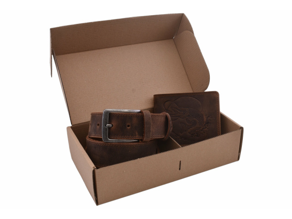 MERCUCIO - Set kožený opasek a kožená peněženka - vzor Štika prut