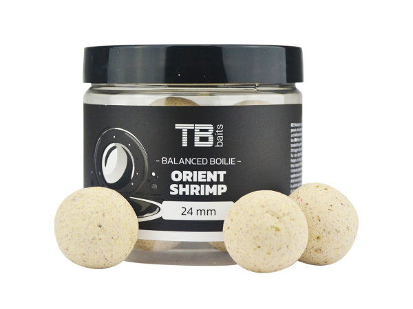 TB baits - Vyváľené Boilie Balanced White Edition + Atraktor Orient Shrimp, 100g, 24 mm