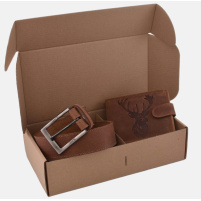 MERCUCIO - Set kožená peněženka a kožená klíčenka - vzor Jelen hlava embos - dřev. krab.