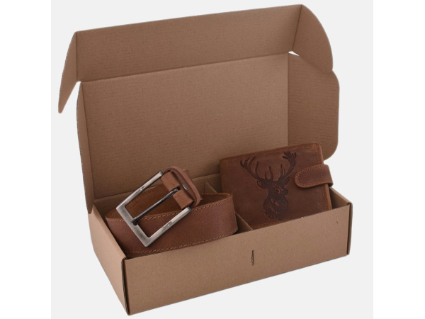 MERCUCIO - Set kožená peněženka a kožená klíčenka - vzor Jelen hlava embos - dřev. krab.