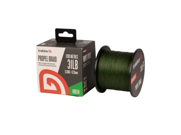 Trakker Kmenová pletená šňůra Propel Braid 31lb, 13.8kg, 0,26mm, 1200m, Green - 0,260mm 31lb