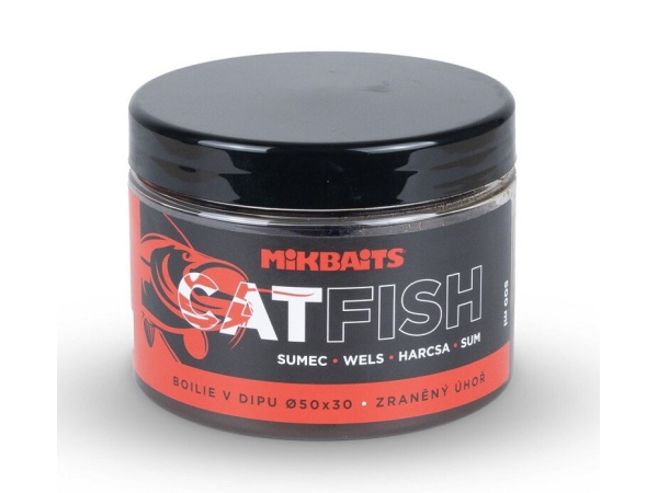Mikbaits - Boilie v dipu Catfish 500ml  50x30mm - Játra Halibut